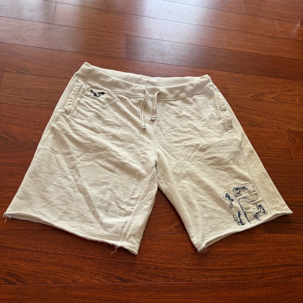 American Eagle Y2K Dorm Sweat Shorts Cream Cotton Distressed Graphic Mens L